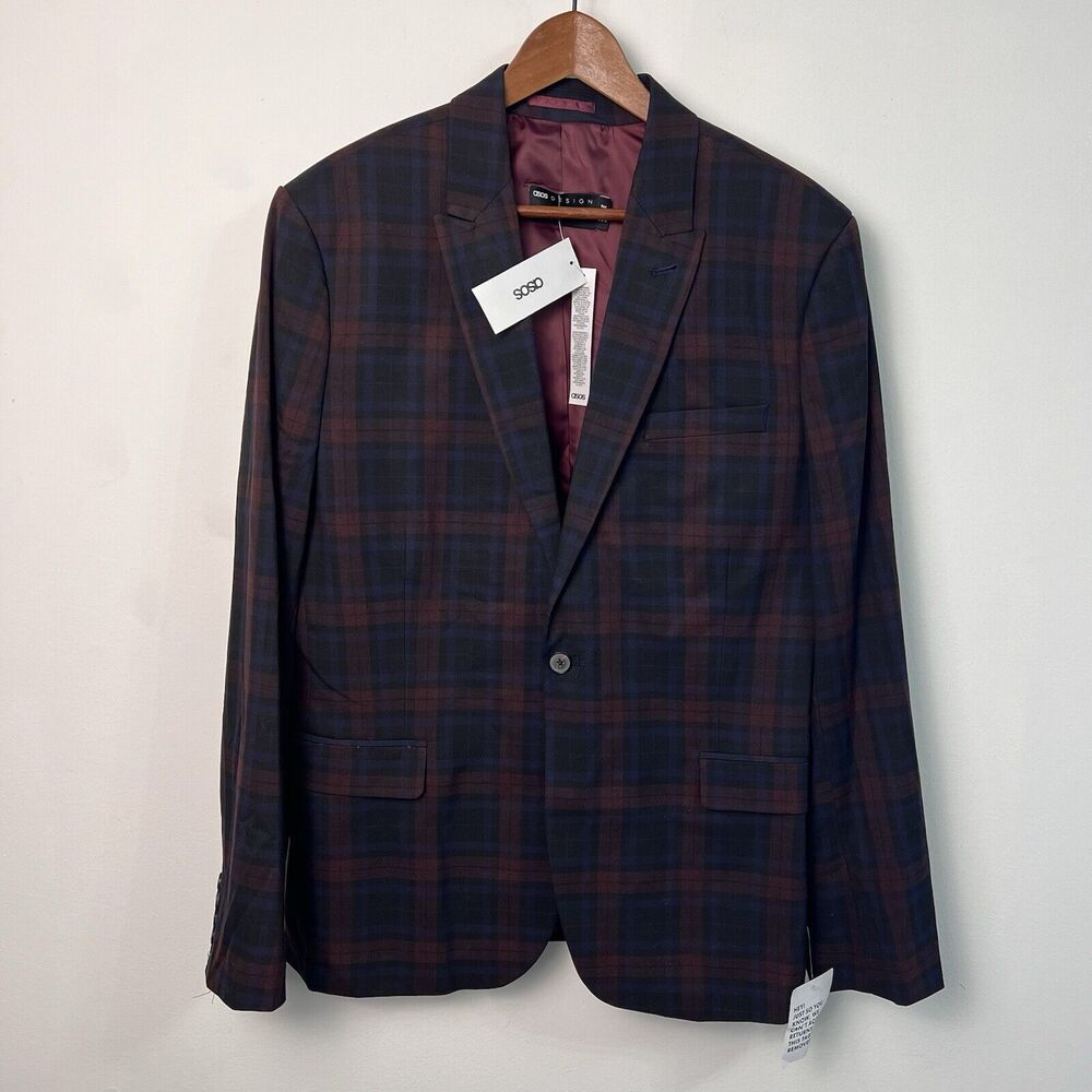 NWT ASOS design SUPER SKINNY SUIT JACKET Men's 44 Burgundy Tartan Red Plaid